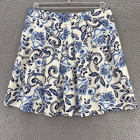 LOFT Skirt Womens 6 Blue White Floral Mini Pleated A Line Pockets Cotton Stretch - Picture 1 of 10